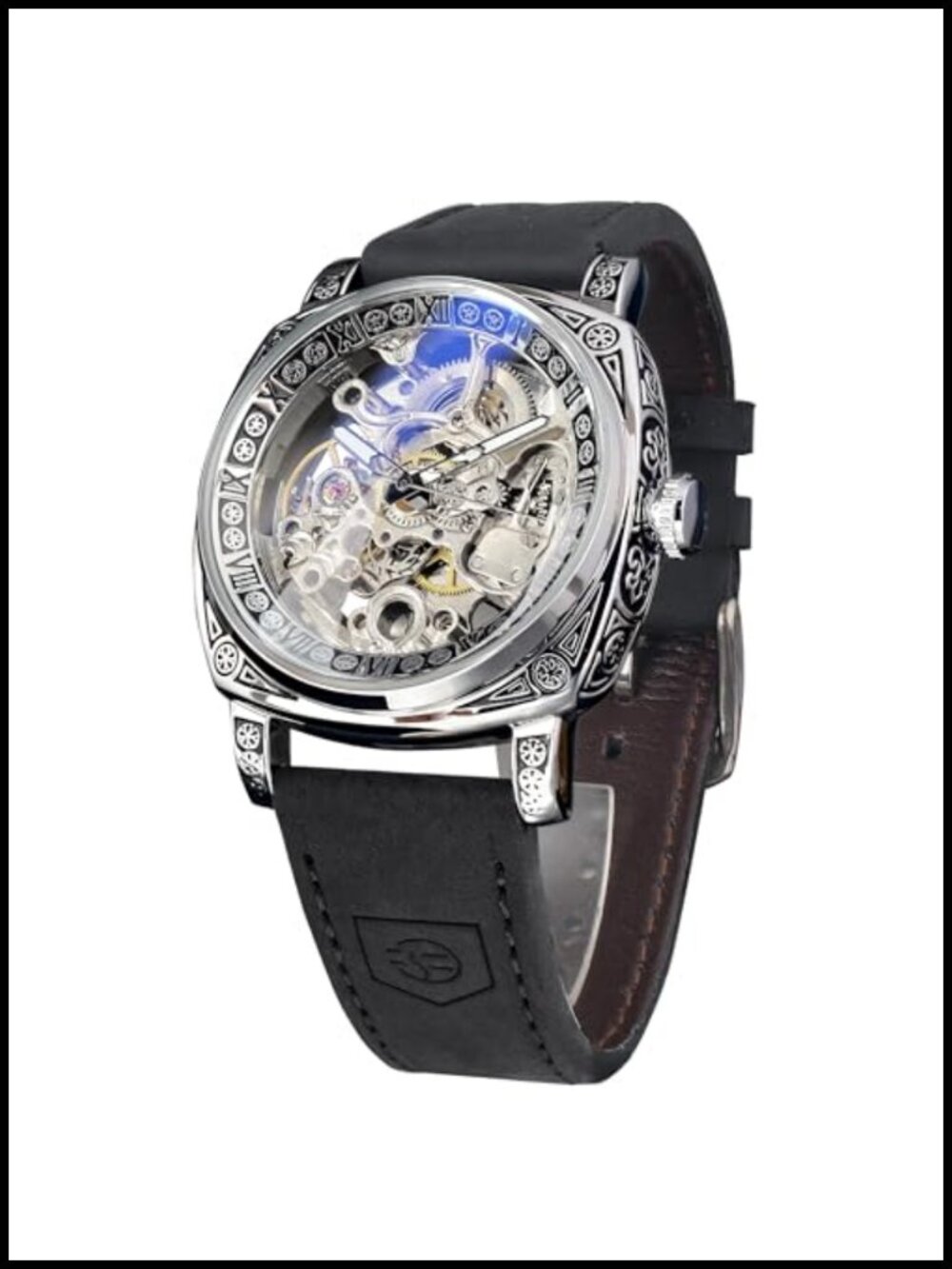 FORSINING Men's Square Retro Mechanical Watch Self-Wind Skeleton Carved Leather